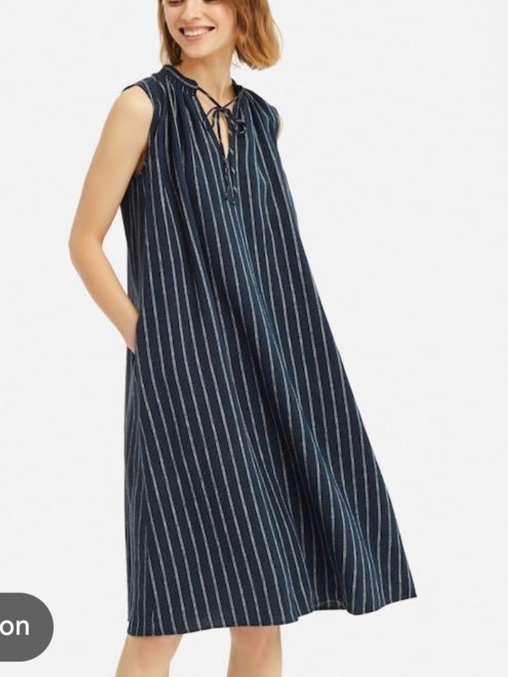 Sleeveless Navy Striped Midi Dress with Tie Neck